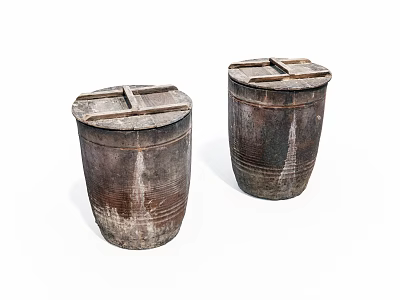Two Traditional Ceramic Vessels with Wooden Lids and Textured Vintage Surface Appearance 3d model