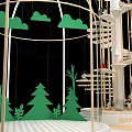 Wooden Tower With Star Spiral Structure Birdcage Green Tree Silhouettes Small Christmas Tree Gift Boxes