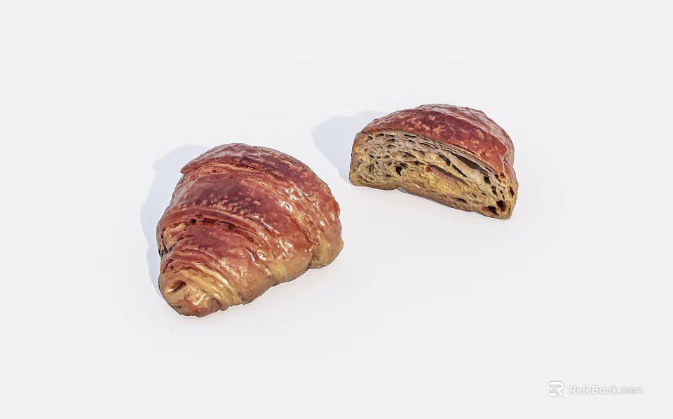 Fresh Golden Brown Croissants Whole and Sliced with Flaky Layers 3d model 