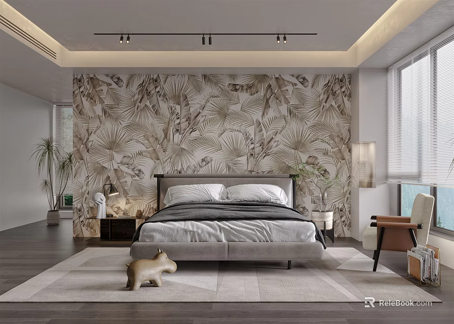 Modern Bedroom Interior with Tropical Leaf Pattern Wallpaper Comfortable Bed Soft Rug Large Window and Accent Chair 3d model 