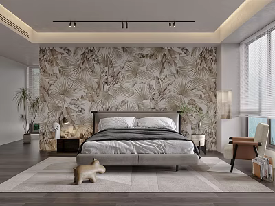 Modern Bedroom Interior with Tropical Leaf Pattern Wallpaper Comfortable Bed Soft Rug Large Window and Accent Chair 3d model