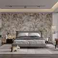 Modern Bedroom Interior with Tropical Leaf Pattern Wallpaper Comfortable Bed Soft Rug Large Window and Accent Chair