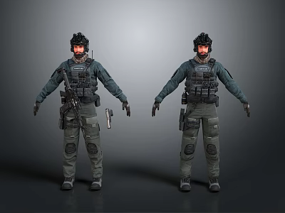 Dual Pose Tactical Game Movie Character With Helmet Vest Knee Pads Firearm And Dark Clothing 3d model