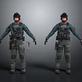 Dual Pose Tactical Game Movie Character With Helmet Vest Knee Pads Firearm And Dark Clothing