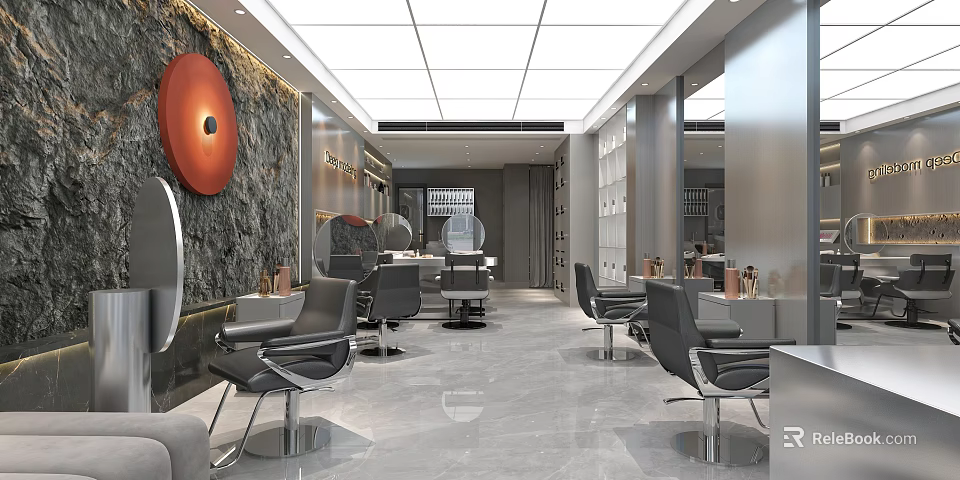 Modern Barber Shop Interior With Black Chairs Marble Floor And Circular Decor 3d model 