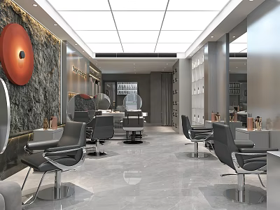 Modern Barber Shop Interior With Black Chairs Marble Floor And Circular Decor 3d model