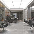 Modern Barber Shop Interior With Black Chairs Marble Floor And Circular Decor