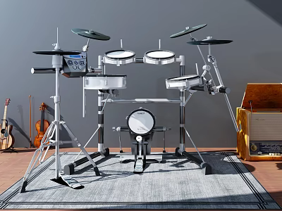 Musical Instruments And Art Supplies Display With Electronic Drums Cymbals Guitar Violin 3d model
