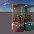 Four Pink And Green Claw Machines As Amusement Equipment Filled With Brown Stuffed Toys