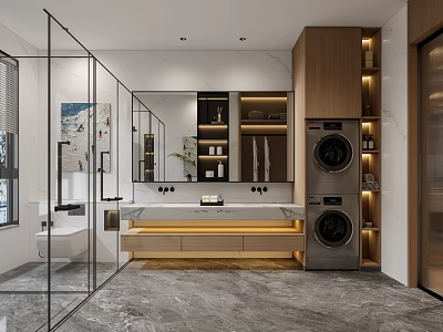 Modern Bathroom Interior With Glass Shower Double Vanity Washing Machine Marble Countertop And Wooden Cabinets 3d model
