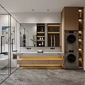 Modern Bathroom Interior With Glass Shower Double Vanity Washing Machine Marble Countertop And Wooden Cabinets