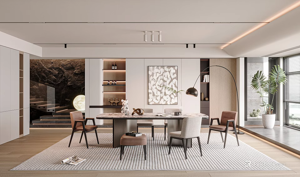 Modern Dining Room Interior With Open Layout Marble Table And Decorative Artwork 3d model 