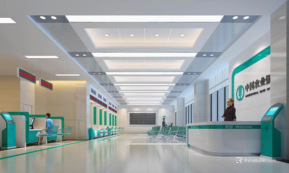 Agricultural Bank of China Modern Spacious Lobby Interior With Service Counter Seats And Staff 3d model 