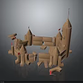 Wooden Castle Building Structure With Towers Walls And Red Flags