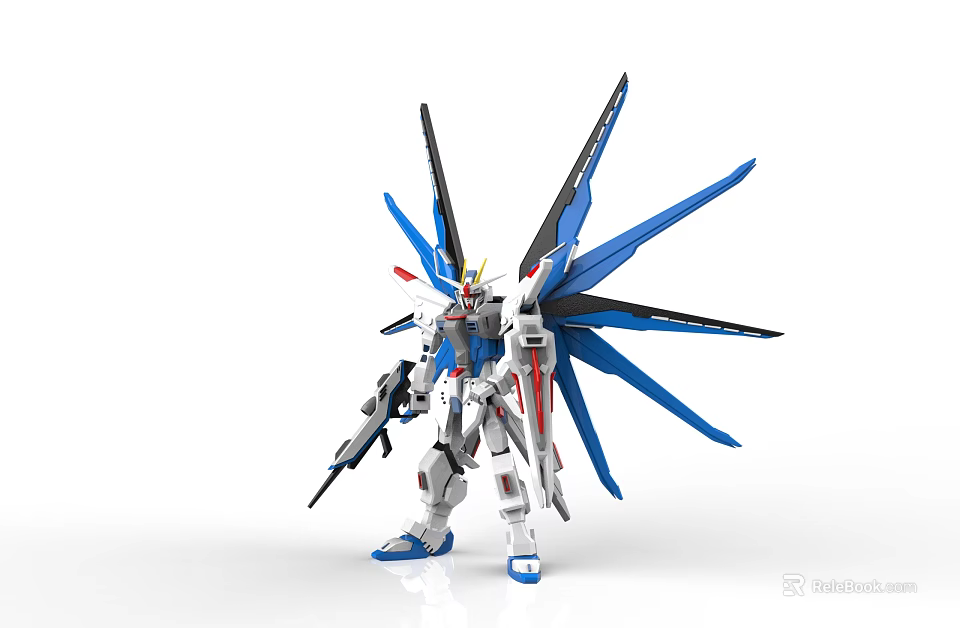 Detailed Robot Model With Blue Wings White Body Red Accents And Holding Weapon 3d model 