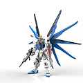 Detailed Robot Model With Blue Wings White Body Red Accents And Holding Weapon