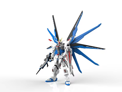 Detailed Robot Model With Blue Wings White Body Red Accents And Holding Weapon 3d model