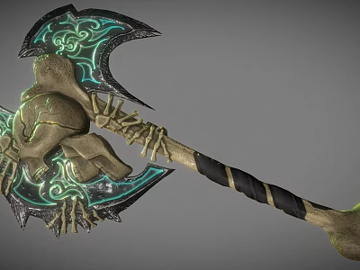 Mystical Battle Axe With Green Glowing Patterns Skull Design And Bone Decorations 3d model