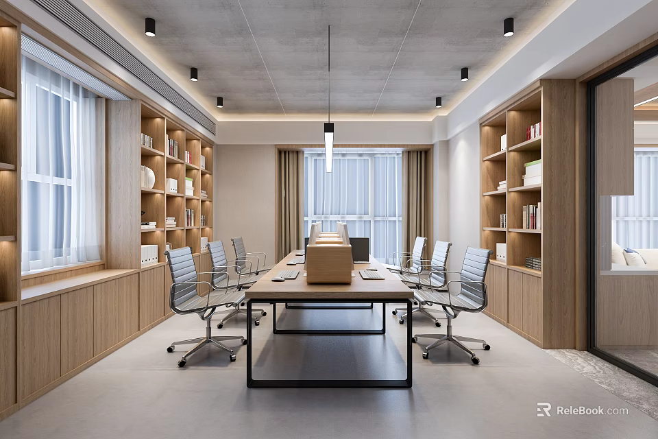 Modern Public Office Space Interior With Long Conference Table Gray Office Chairs And Wooden Bookshelves 3d model 
