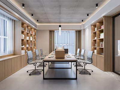 Modern Public Office Space Interior With Long Conference Table Gray Office Chairs And Wooden Bookshelves 3d model