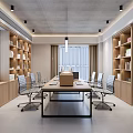 Modern Public Office Space Interior With Long Conference Table Gray Office Chairs And Wooden Bookshelves