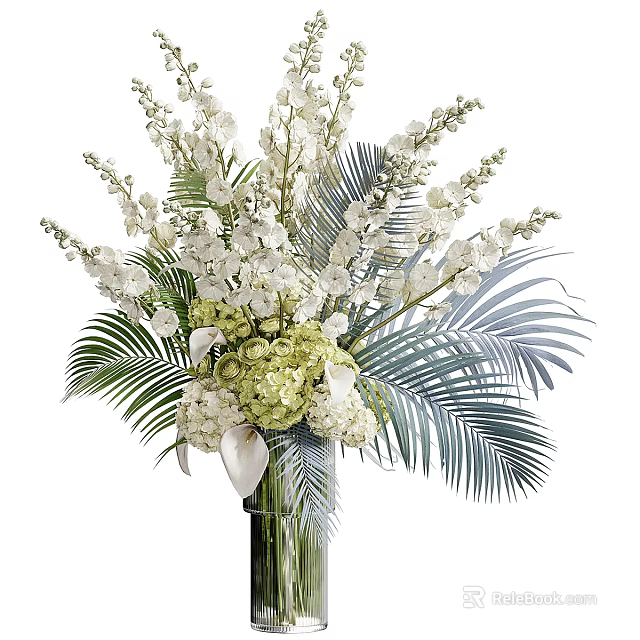 Elegant White Flower Bouquet in Vase with Orchids Hydrangeas and Green Palm Leaves 3d model 
