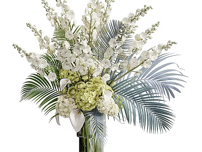 Elegant White Flower Bouquet in Vase with Orchids Hydrangeas and Green Palm Leaves 3d model