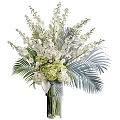 Elegant White Flower Bouquet in Vase with Orchids Hydrangeas and Green Palm Leaves