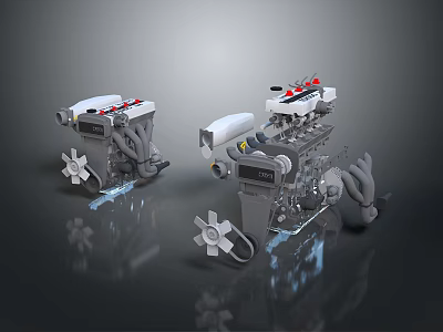 Automotive Engine Components 3D Rendering With Fan Cylinders And Mechanical Pipes 3d model