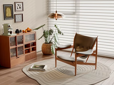 Leather Accent Chair with Wooden Frame on Round Wavy Rug near Potted Plant and Cabinet 3d model