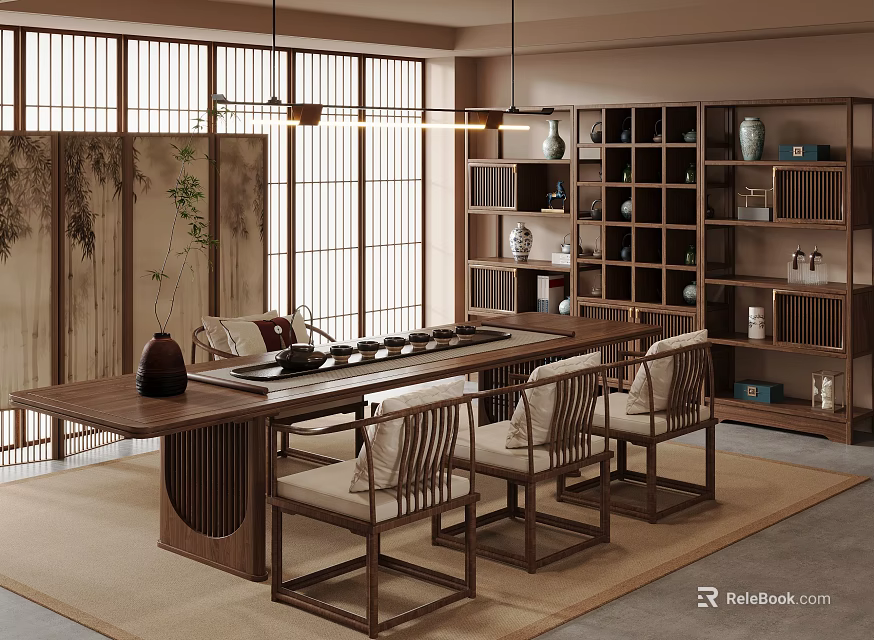 Japanese Style Tea Room With Long Tea Table Chairs Wooden Screen Bookshelf And Tea Sets 3d model 