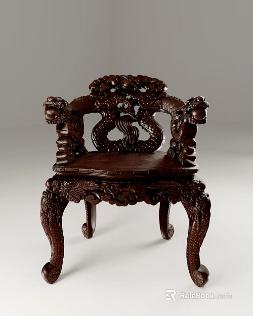 Dark Wooden Chinese Style Carved Armchair Featuring Dragon Motifs On Armrests And Legs 3d model 