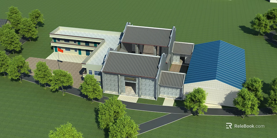 Traditional Ancient Building With Gray Tile Roofs Courtyard And Green Trees 3d model 