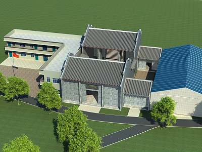 Traditional Ancient Building With Gray Tile Roofs Courtyard And Green Trees 3d model