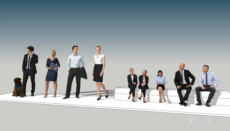 Group of Business People Standing and Sitting in Formal Attire Professional Setting 3d model 