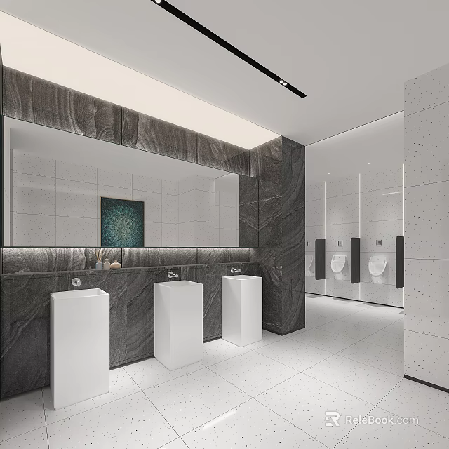 Modern Public Restroom With Marble Walls Large Mirrors White Wash Basins And Urinals 3d model 