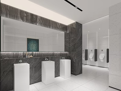 Modern Public Restroom With Marble Walls Large Mirrors White Wash Basins And Urinals 3d model