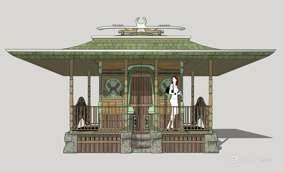 Traditional Wooden Pavilion Featuring Green Roof Carved Decorations And Stone Steps 3d model 
