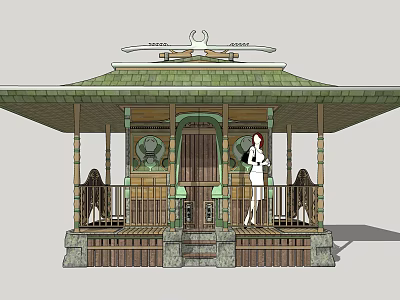 Traditional Wooden Pavilion Featuring Green Roof Carved Decorations And Stone Steps 3d model