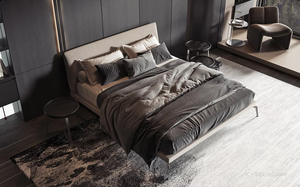 Modern Double Bed With Gray Beige Bedding And Round Nightstands On Patterned Rug 3d model