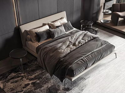 Modern Double Bed With Gray Beige Bedding And Round Nightstands On Patterned Rug 3d model