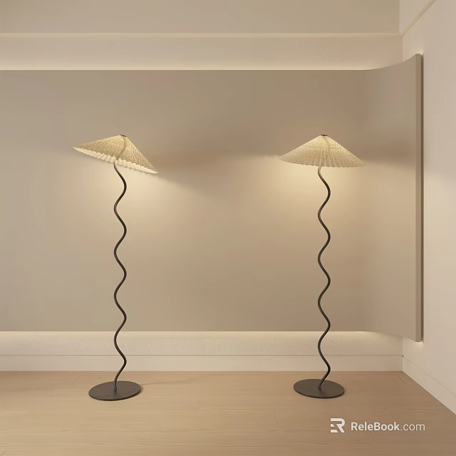 Two Curved Spiral Floor Lamps With Beige Shade In Room Corner Light Wall Wooden Floor 3d model 