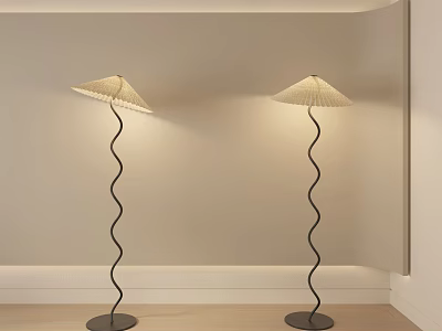 Two Curved Spiral Floor Lamps With Beige Shade In Room Corner Light Wall Wooden Floor 3d model
