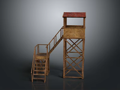 Scenic Rustic Landscape With Wooden Watchtower Red Roof And Stairs 3d model