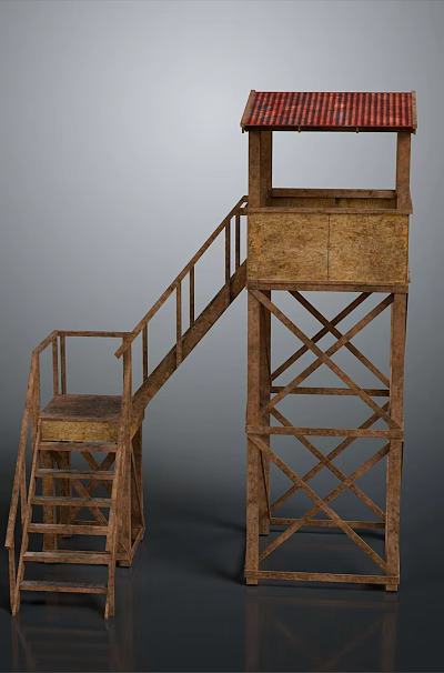 Scenic Rustic Landscape With Wooden Watchtower Red Roof And Stairs 3d model