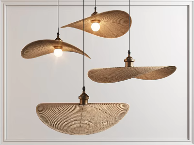 Woven Fan Shaped Pendant Lights with Illuminated Bulbs on White Background 3d model
