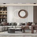 Modern Open Dining Room Interior Design With Marble Floor Dining Table Chairs And Round Mirror 3d model