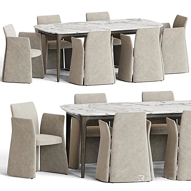 Modern Dining Table Set With Marble Top And Beige Upholstered Chairs 3d model