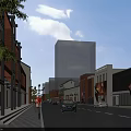 Vibrant Commercial Street With Red Brick Buildings Storefronts Street Lamps And Cars