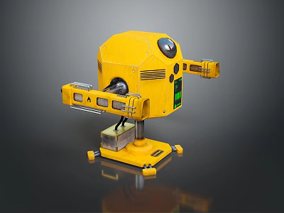 Yellow Mechanical Weapon With Round Head And Extended Arms On Stable Base 3d model
